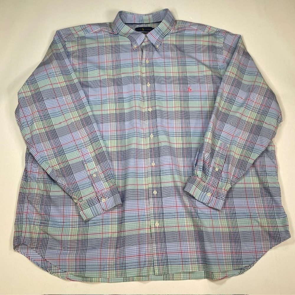 Ralph Lauren Performance Mens 4XB Plaid Button Down Shirt Blue Green Long Sleeve